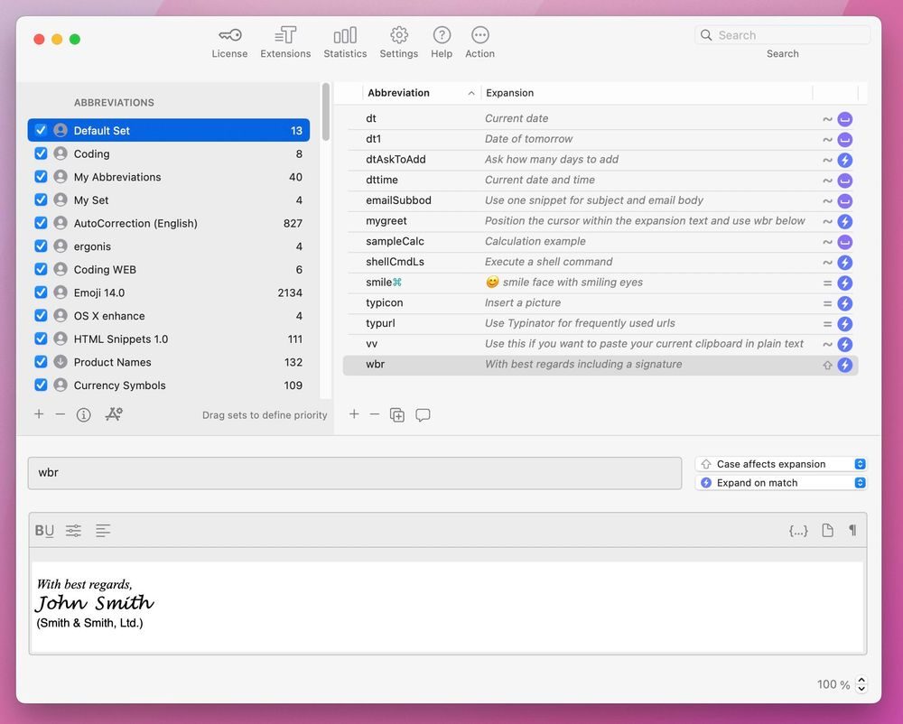 Typinator main window on macOS showing abbreviation sets, snippet list, and formatted text expansion preview — example of managing and organizing text expansions with abbreviations like ‘wbr’ and emoji snippets.