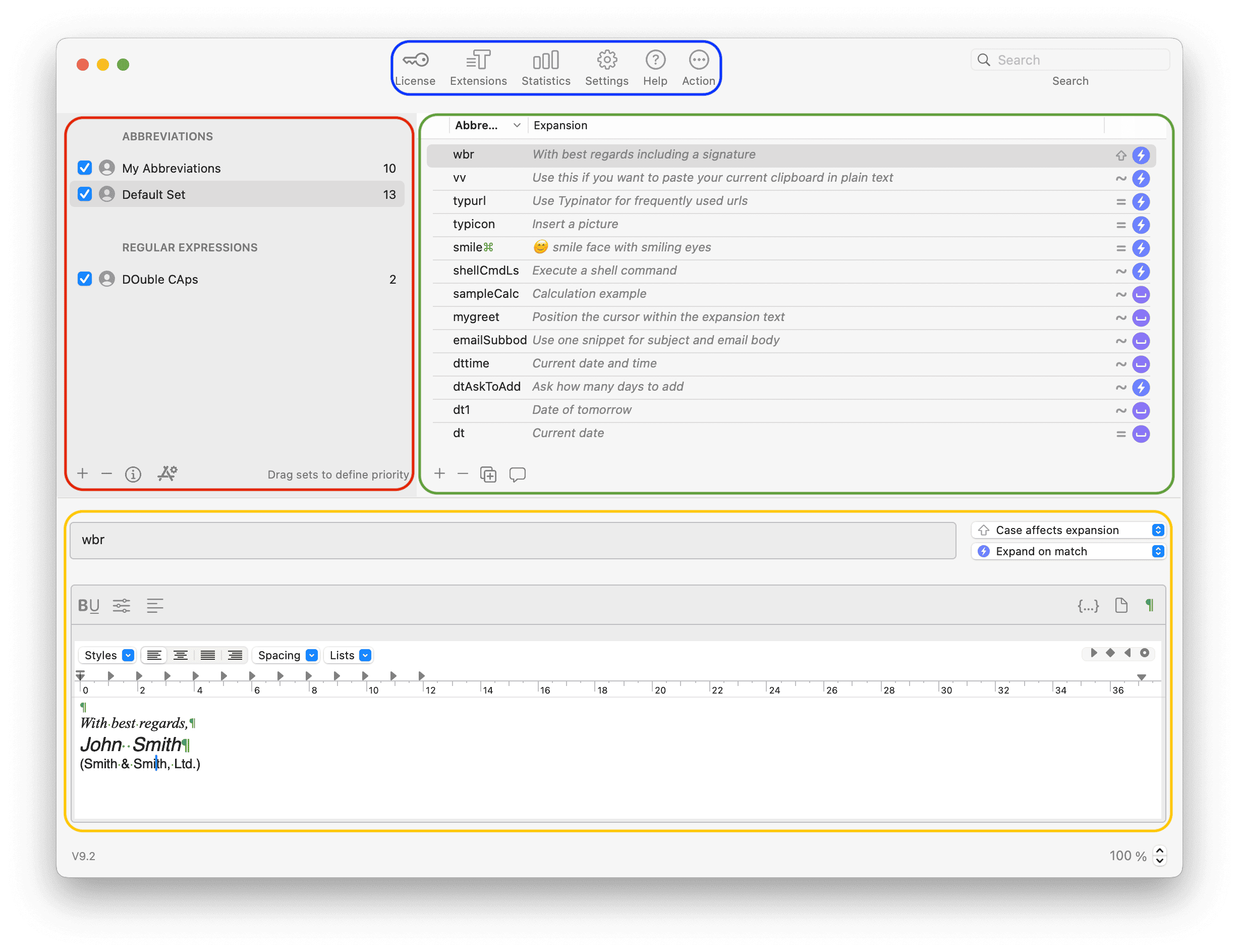 Typinator main window on macOS with highlighted interface sections for abbreviation sets, snippet list, and formatted text editor — visual guide to managing and editing text expansions with abbreviations like ‘wbr’ and sample signature content.
