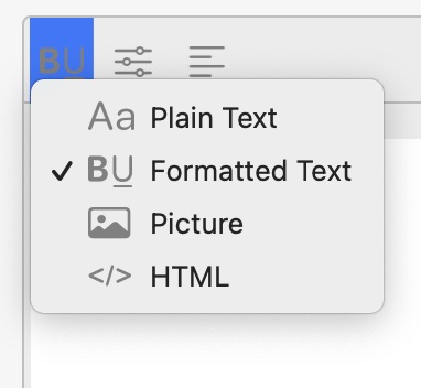 Screenshot of Typinator on macOS showing the expansion format menu with options Plain Text, Formatted Text, Picture, and HTML — demonstrating how to select formatted text snippets in Typinator for users in Austria and Germany.