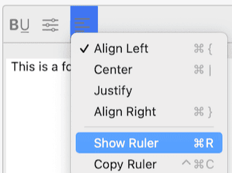 Typinator formatted text editor on macOS showing alignment menu with options Align Left, Center, Justify, Align Right, and Show Ruler — example of using text formatting tools in snippets.