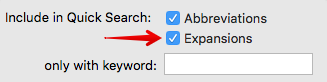 Typinator settings on macOS showing Quick Search options with checkboxes for ‘Abbreviations’ and ‘Expansions’ enabled — demonstrates how to include snippet types in Typinator’s Quick Search feature.