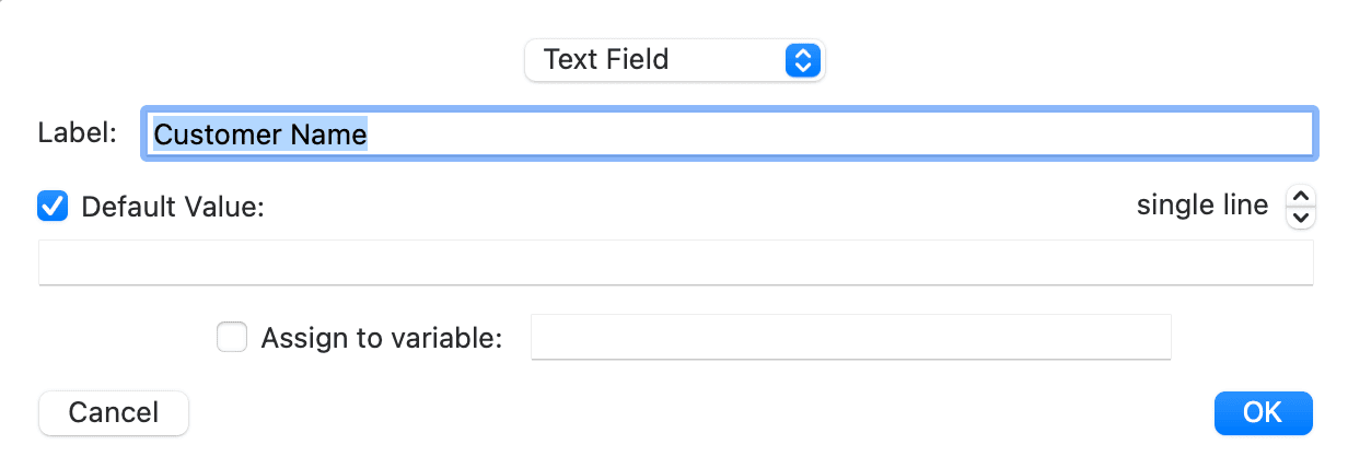 Typinator input field dialog on macOS showing a text field labeled ‘Customer Name’ — example of creating a customizable text input variable in a snippet expansion.
