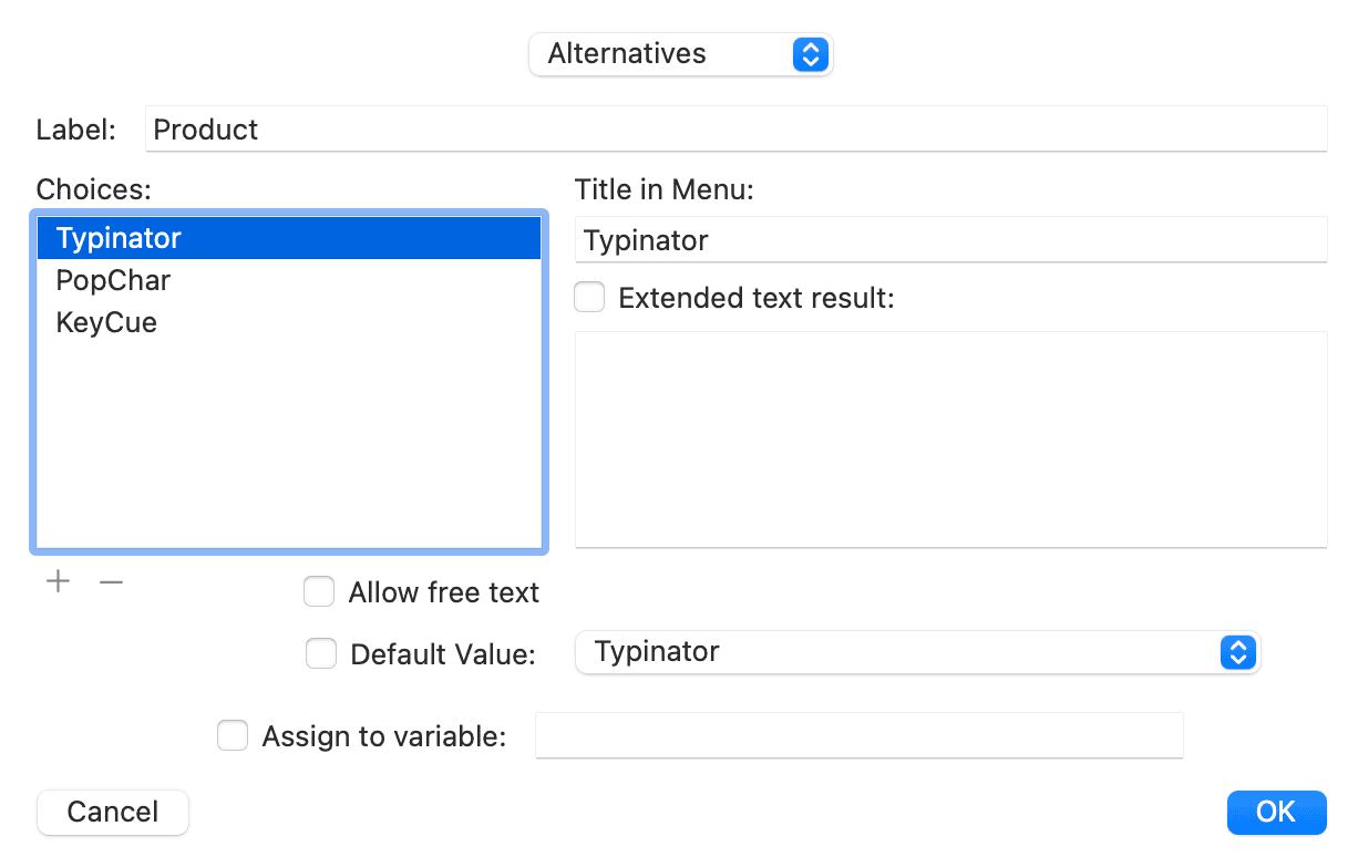 Typinator alternatives dialog on macOS showing a dropdown list with product options Typinator, PopChar, and KeyCue — example of creating a choice field for text expansion snippets.