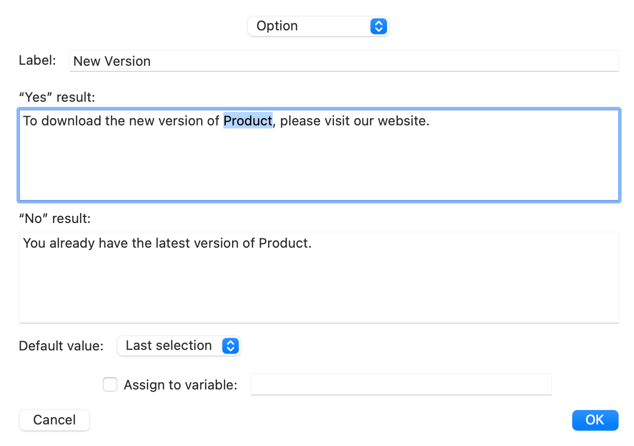 Typinator option dialog on macOS showing a conditional snippet setup for checking software version — with ‘Yes’ and ‘No’ results and default value set to Last selection.