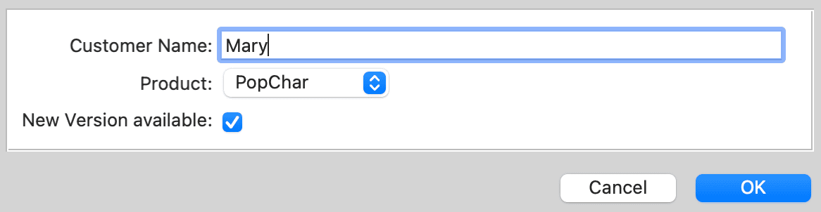 Typinator input dialog on macOS showing filled fields for customer name ‘Mary’, selected product ‘PopChar’, and checked box for new version availability — example of interactive snippet variables in text expansions.