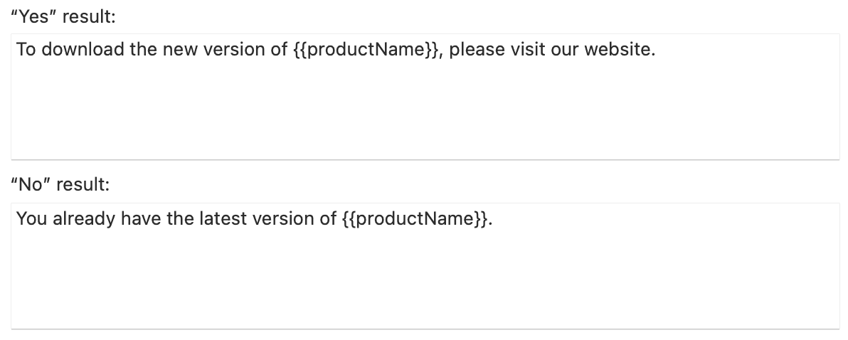 Typinator conditional snippet setup on macOS showing ‘Yes’ and ‘No’ result fields with a reusable variable {{productName}} — example of automating version update messages in text expansions.