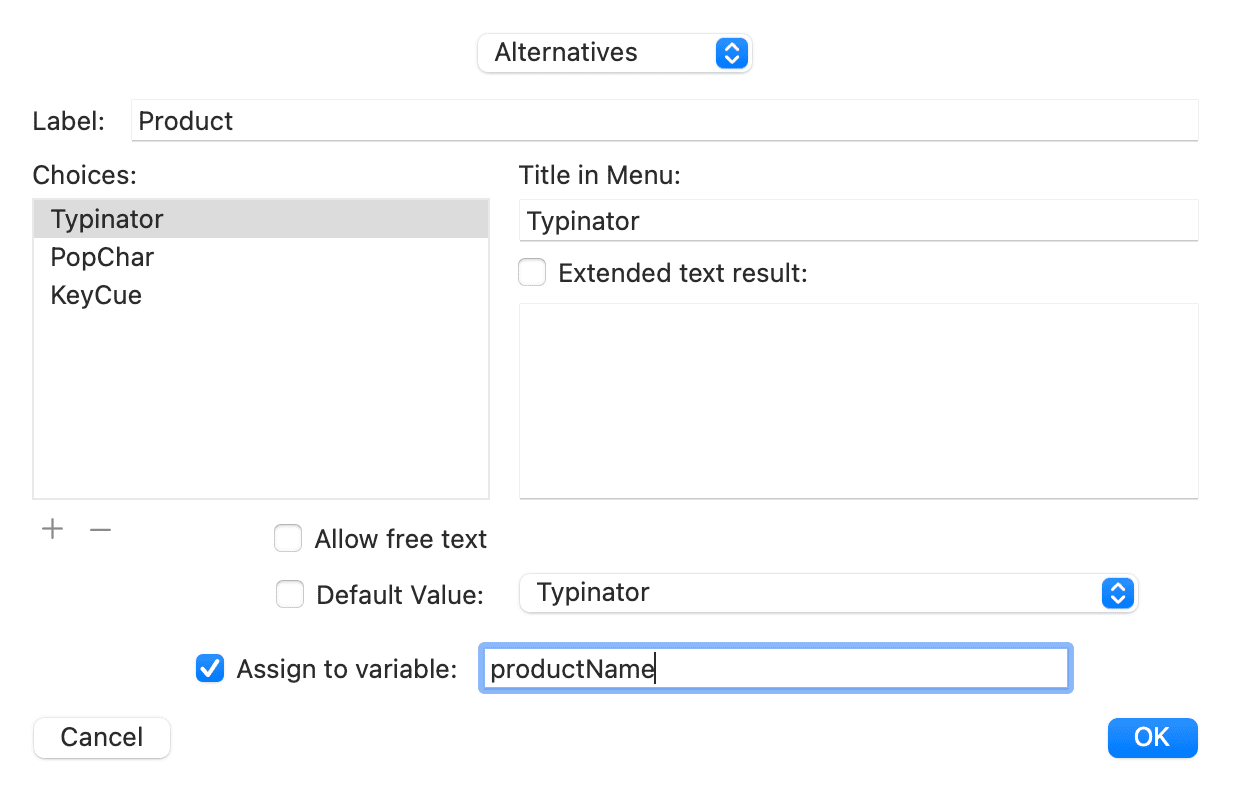Typinator alternatives dialog on macOS showing a list of product choices Typinator, PopChar, and KeyCue with variable assignment field set to ‘productName’ — example of creating reusable choice variables in text expansions.