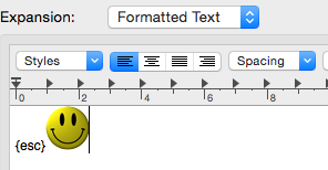 Typinator snippet editor on macOS showing a formatted text expansion with an emoji and the {esc} command — demonstrating how to use rich text and special keys in snippet expansions.