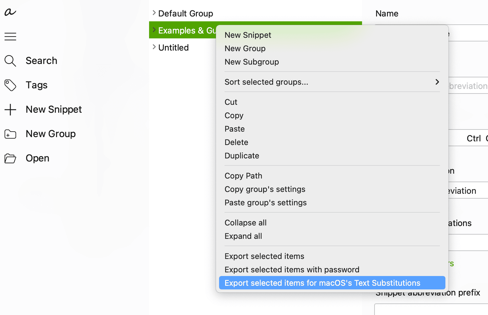 Context menu in Typinator on macOS showing options to create new snippets or groups and the highlighted command ‘Export selected items for macOS’s Text Substitutions’ — used to integrate Typinator snippets with macOS system text replacements.