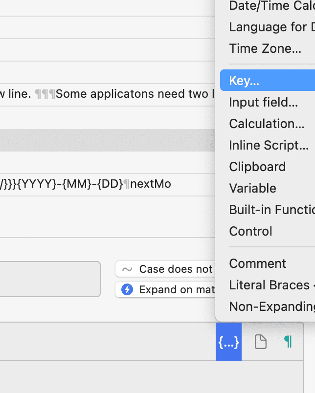 Typinator snippet editor on macOS showing the insertion menu with the ‘Key…’ option highlighted — used to add special keystrokes like Return or Tab in text expansions.