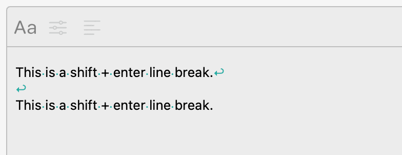 Example in Typinator showing Shift + Enter line breaks on macOS — demonstrates how soft line breaks appear in text expansions with visible return symbols.
