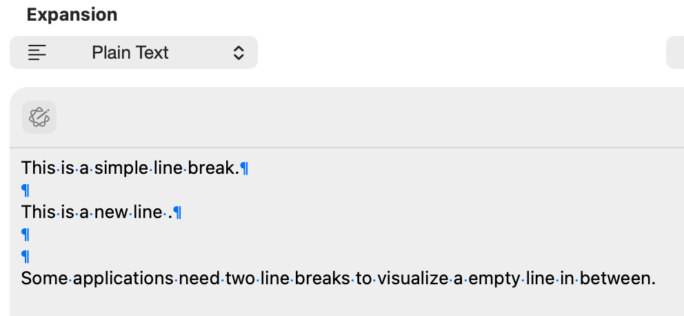 Screenshot of a text editor set to ‘Plain Text’ showing formatting marks. The text demonstrates line breaks: ‘This is a simple line break.’ followed by a new line ‘This is a new line.’ and a section explaining that some applications require two line breaks to display an empty line between paragraphs.