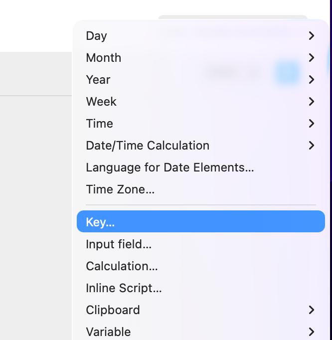 Typinator snippet editor on macOS showing the insertion menu with the ‘Key…’ option highlighted — used to add special keystrokes like Return or Tab in text expansions.