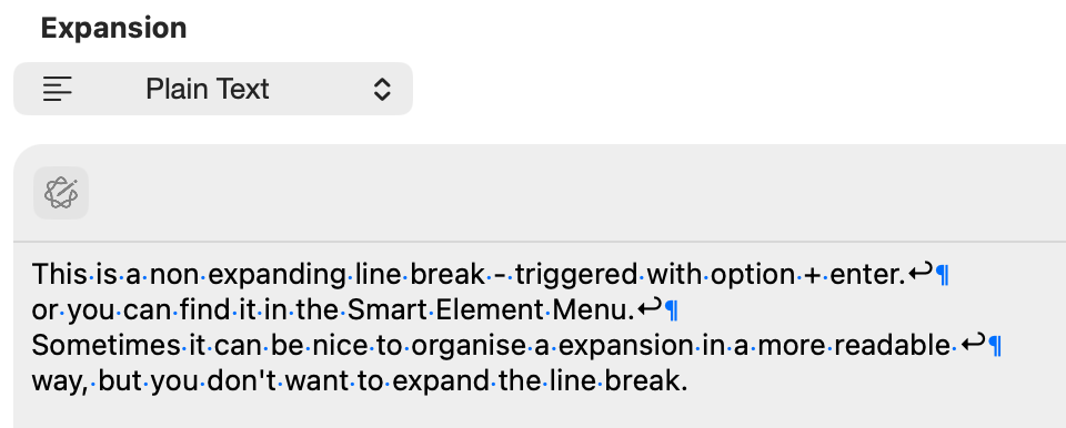Example of a non-expanding line break in Typinator on macOS — triggered with Option + Enter or inserted via the {...} menu, showing how to organize text expansions without triggering expansion.