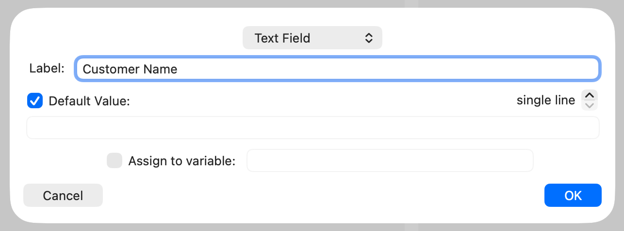 Typinator input field dialog on macOS showing a text field labeled ‘Customer Name’ — example of creating a customizable text input variable in a snippet expansion.
