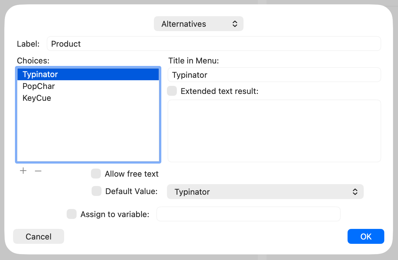 Typinator alternatives dialog on macOS showing a dropdown list with product options Typinator, PopChar, and KeyCue — example of creating a choice field for text expansion snippets.