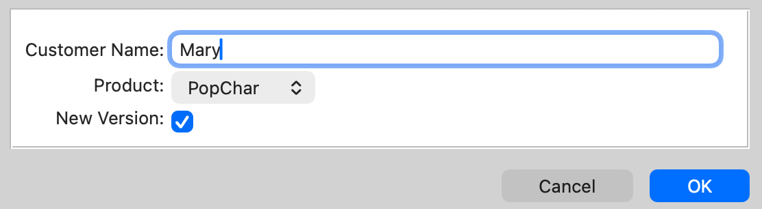 Typinator input dialog on macOS showing filled fields for customer name ‘Mary’, selected product ‘PopChar’, and checked box for new version availability — example of interactive snippet variables in text expansions.