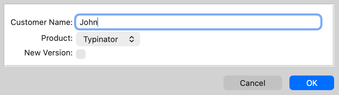 Typinator input dialog on macOS showing customizable snippet fields for customer name, product selection, and version availability — example of using interactive variables in text expansions.
