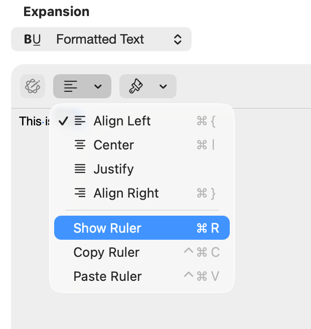 Typinator formatted text editor on macOS showing alignment menu with options Align Left, Center, Justify, Align Right, and Show Ruler — example of using text formatting tools in snippets.