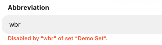 Screenshot of Typinator on macOS showing an abbreviation conflict warning: the short form “wbr” conflicts with the existing snippet “wbr → With best regards.” Used in German- and English-language settings for text expansion automation in Austria and Germany.