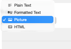 Dropdown menu for selecting expansion content type, showing options ‘Plain Text,’ ‘Formatted Text,’ ‘Picture’ (selected), and ‘HTML.’