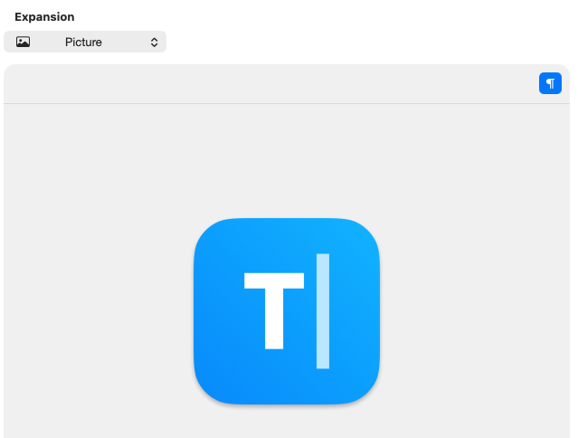 Screenshot of the Typinator snippet editor on macOS showing the Typinator app icon centered in the editor field — illustrating how to insert or edit picture-based text expansions in Typinator for users in Austria and Germany.