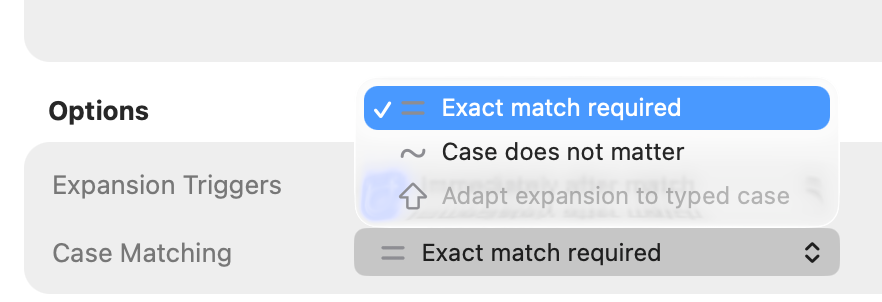 Screenshot of Typinator on macOS showing abbreviation settings for “Btw” with options “Case must match,” “Case does not matter,” and “Case affects expansion” — illustrating how to control case sensitivity in Typinator for users in Austria and Germany.