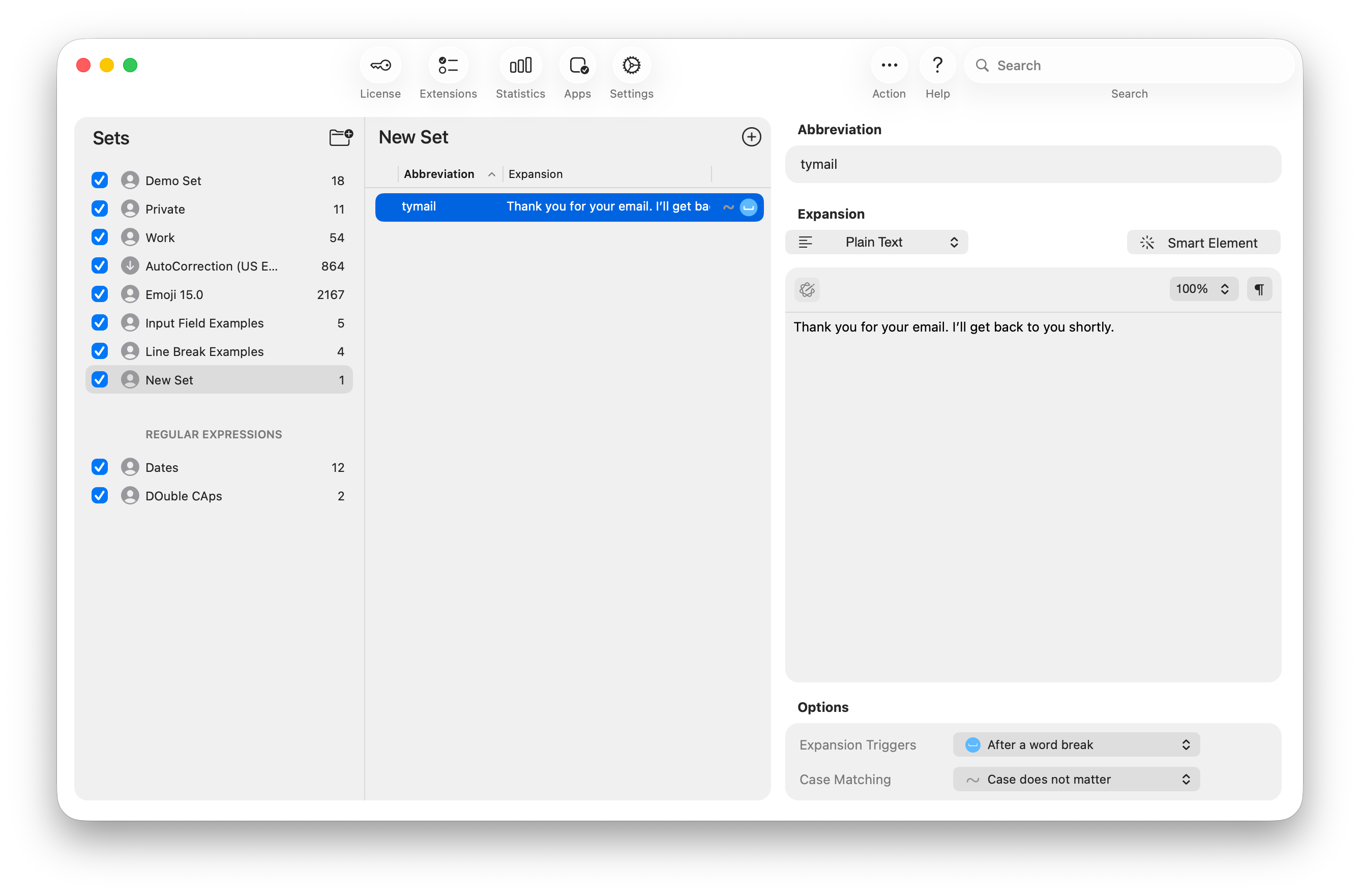 Typinator main window on macOS showing a text expansion snippet with abbreviation ‘tymail’ that expands to the message ‘Thank you for your email. I’ll get back to you shortly.’ — example of creating and managing automated email response snippets.