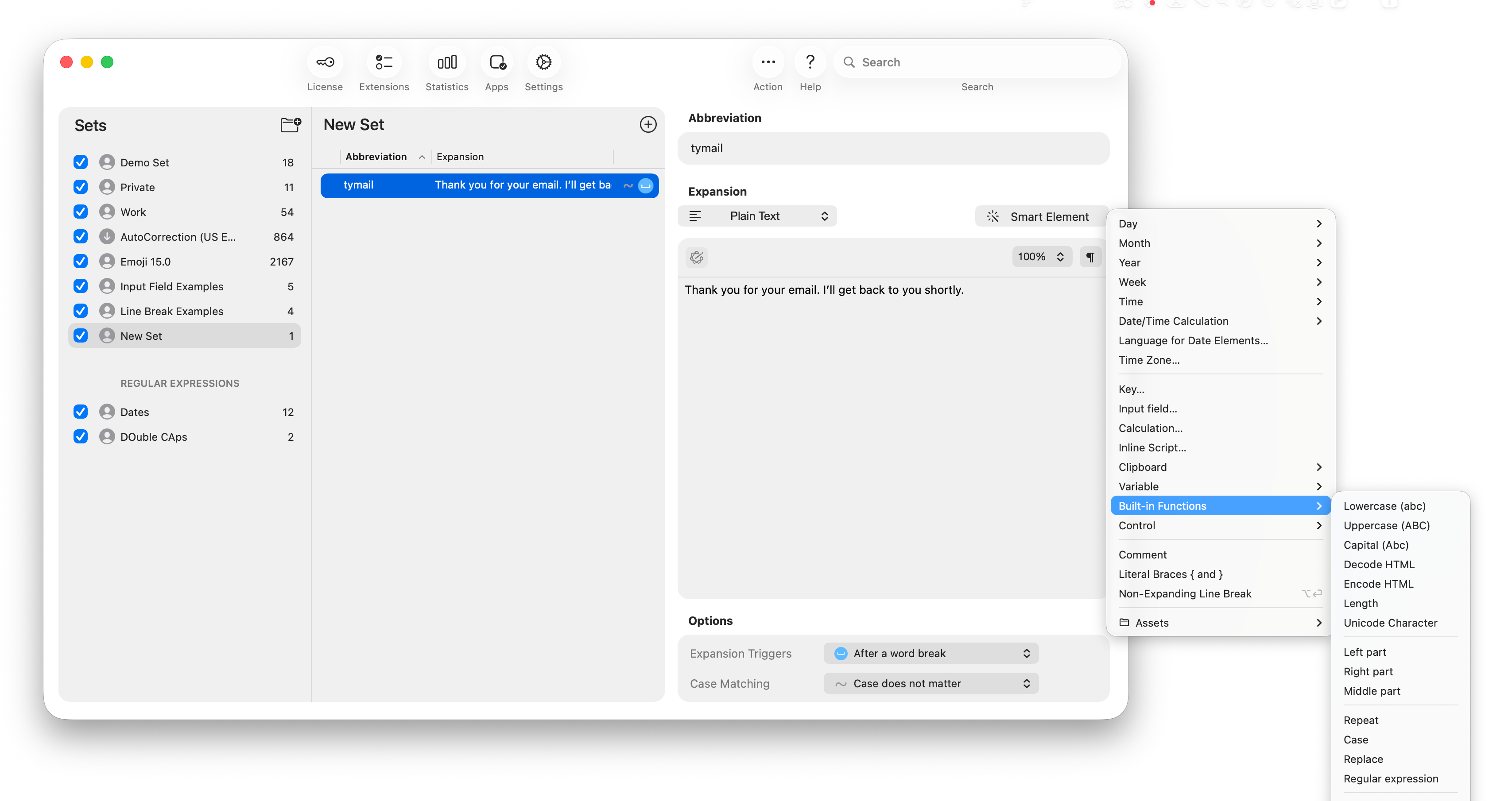 Typinator expansion editor on macOS showing the functions menu with options like Built-in Functions, Input Field, Calculation, and Date/Time tools — example of using advanced functions in Typinator snippets.