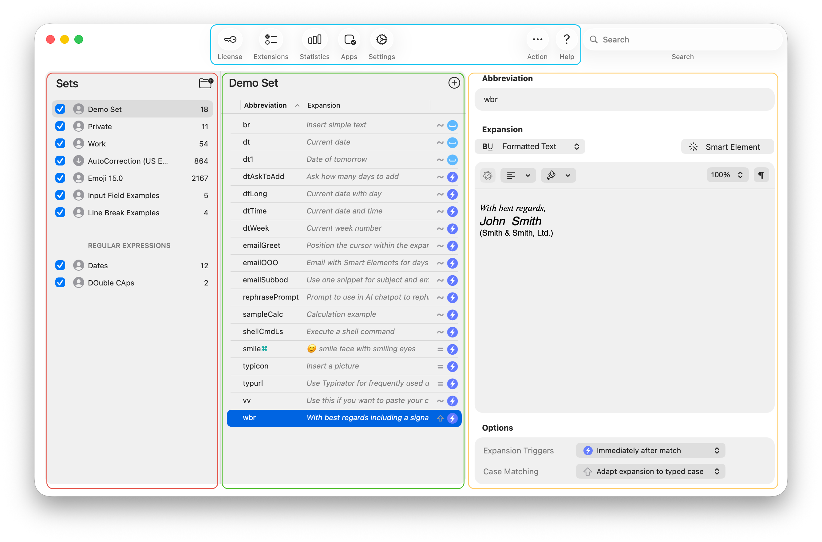 Typinator main window on macOS with highlighted interface sections for abbreviation sets, snippet list, and formatted text editor — visual guide to managing and editing text expansions with abbreviations like ‘wbr’ and sample signature content.