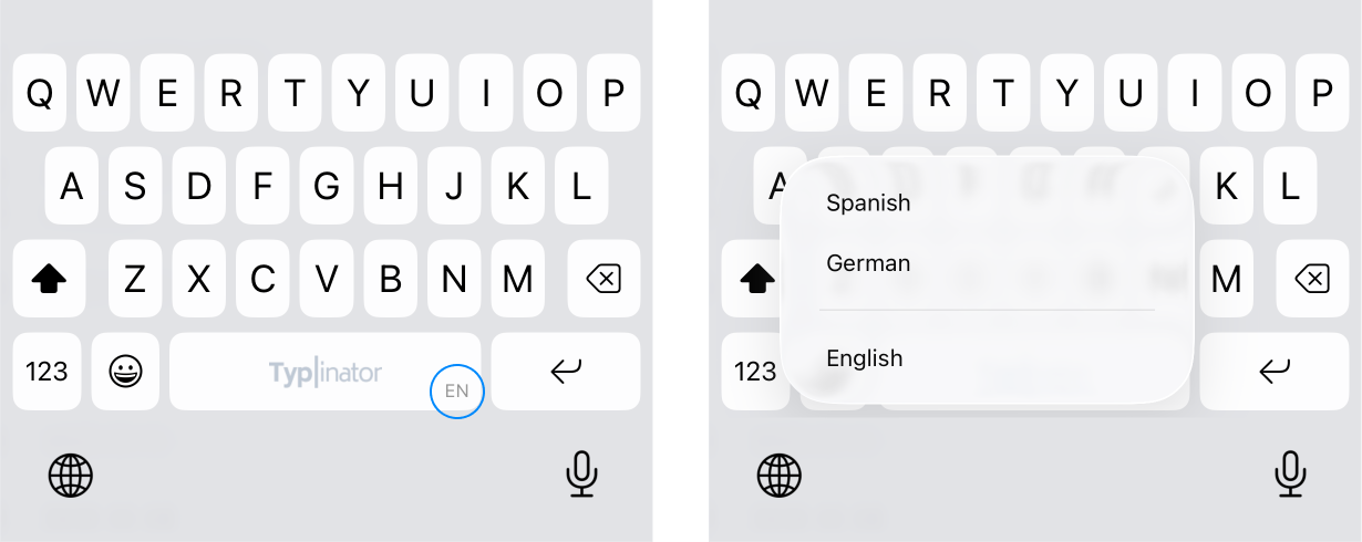 Screenshot of a smartphone keyboard with language selection feature: on the left, the keyboard is shown with the highlighted language abbreviation “EN”; on the right, a selection menu displays the available languages Spanish, German, and English.