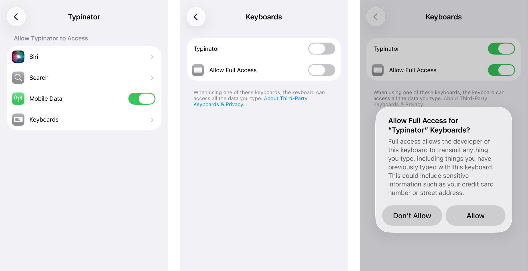 Three iPhone settings screens showing how to enable the Typinator keyboard and grant full access. The first screen displays the Typinator app settings with “Mobile Data” enabled and a “Keyboards” option. The second screen shows the iOS keyboard settings with “Typinator” and “Allow Full Access” toggles turned off. The third screen shows both toggles enabled and a confirmation dialog asking the user to allow full access for the Typinator keyboard.